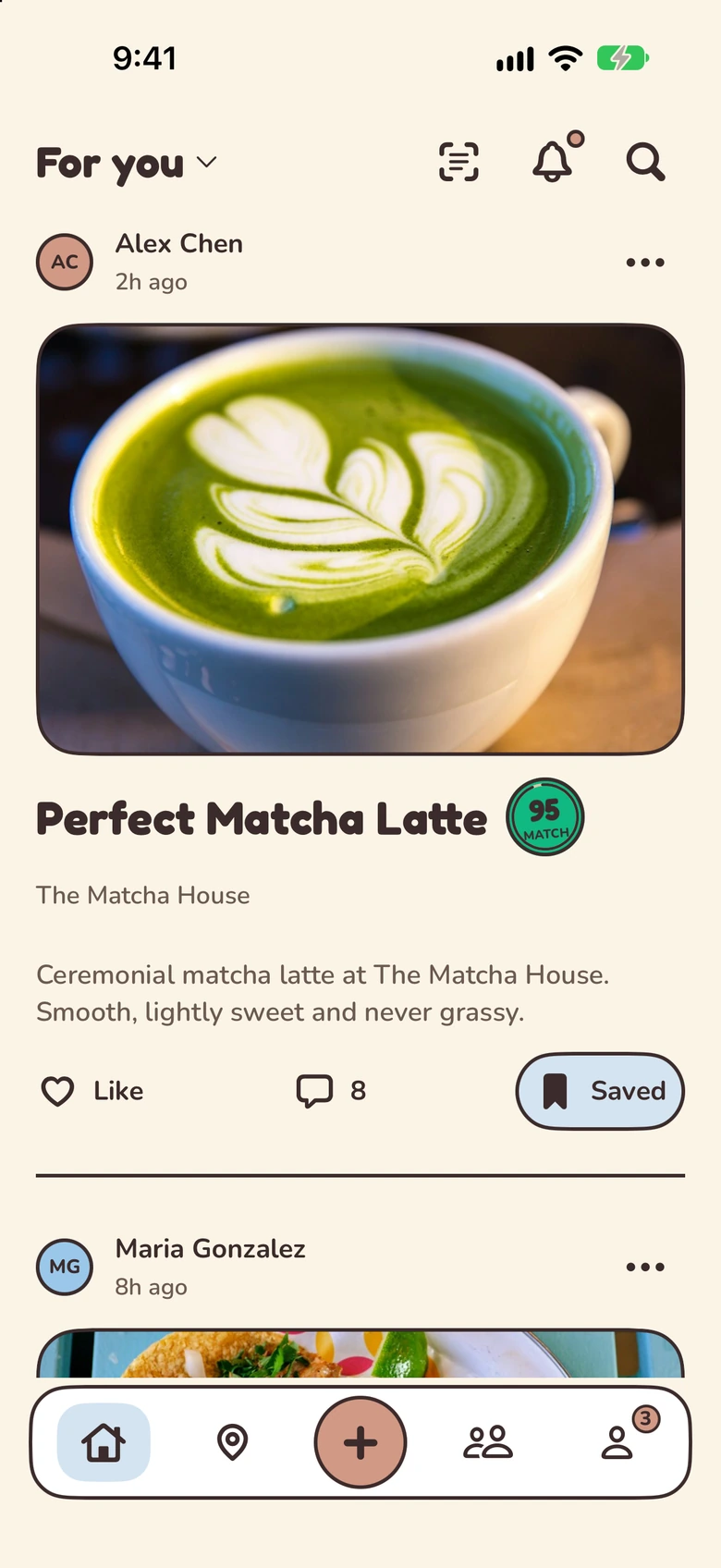 Palytt Home food feed with taste-match badges and friends’ posts