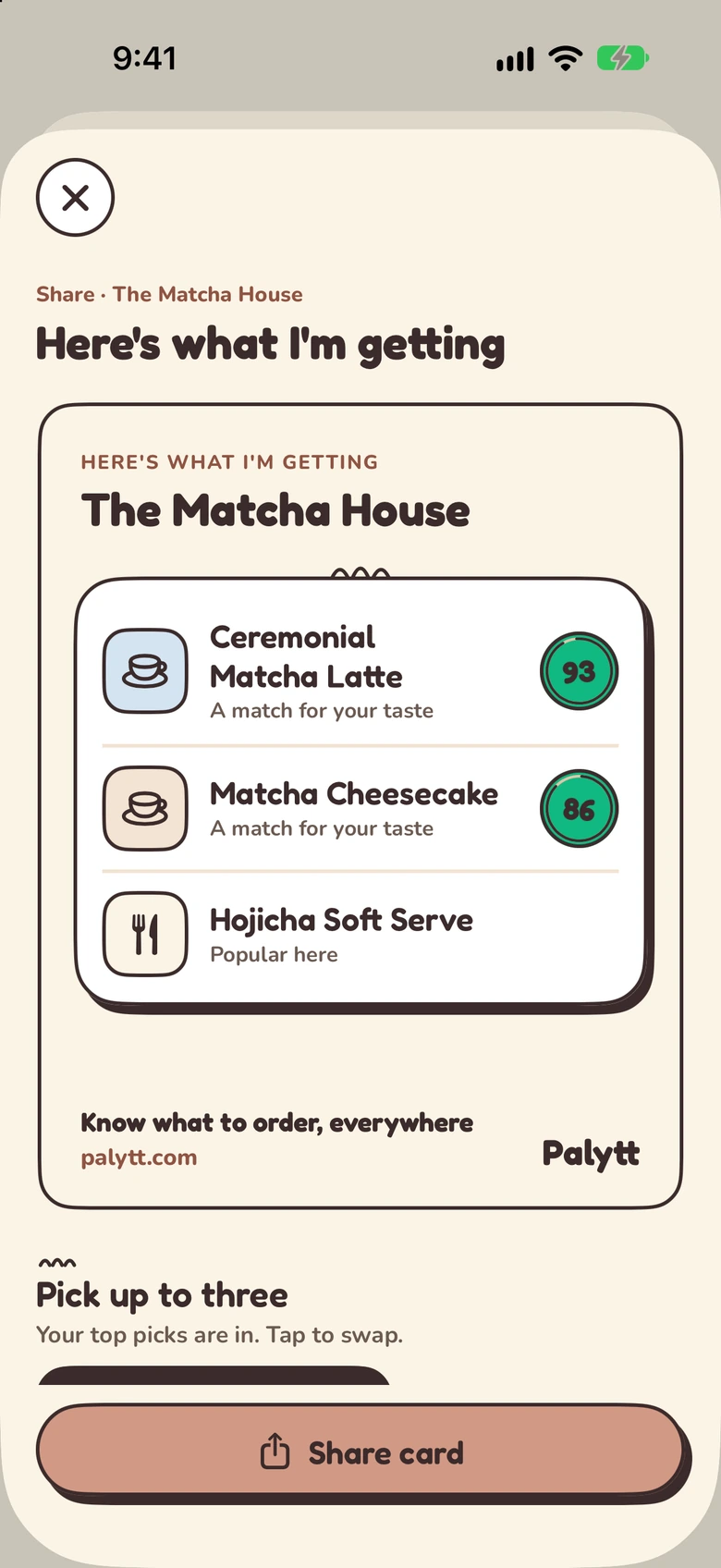 Palytt's shareable order card for The Matcha House, with three dishes and their match scores