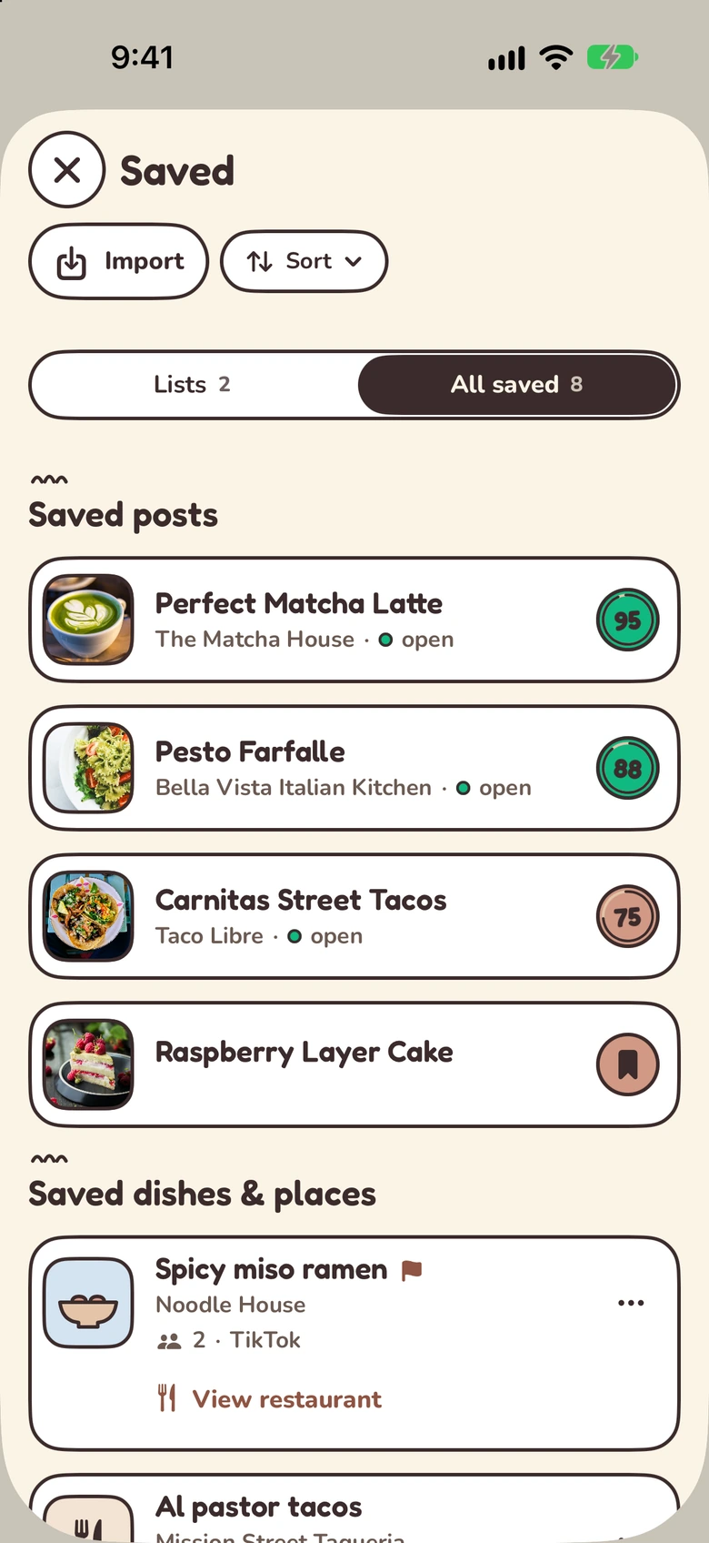 Saved dishes and places with personal taste-match scores