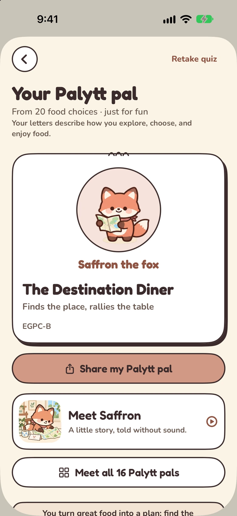The Palytt pal screen with food personality details