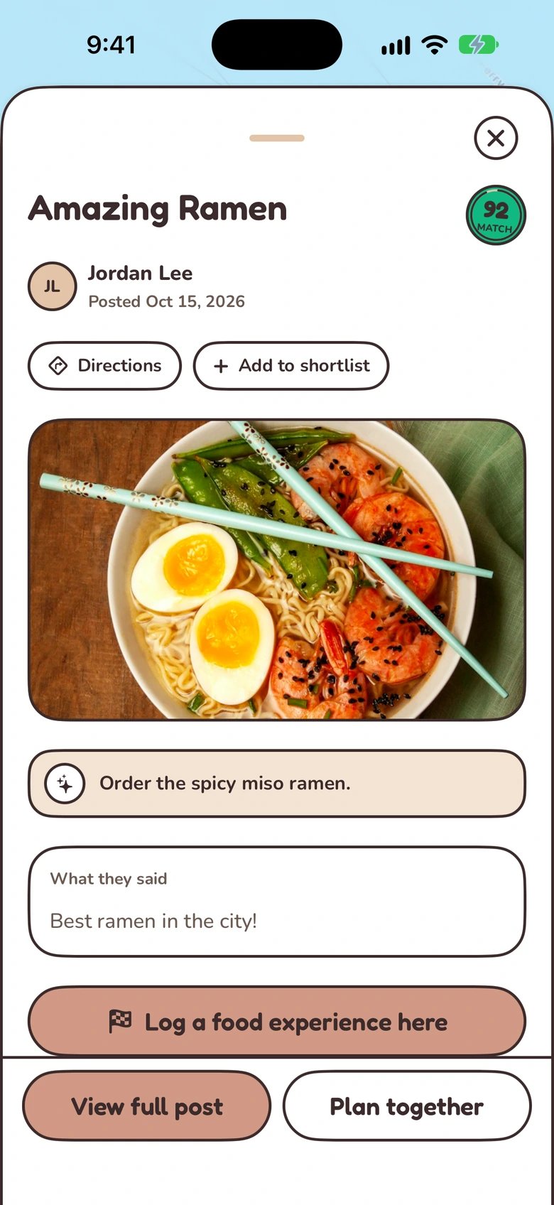 A community pick on the food map: Amazing Ramen at a 92 match with what to order