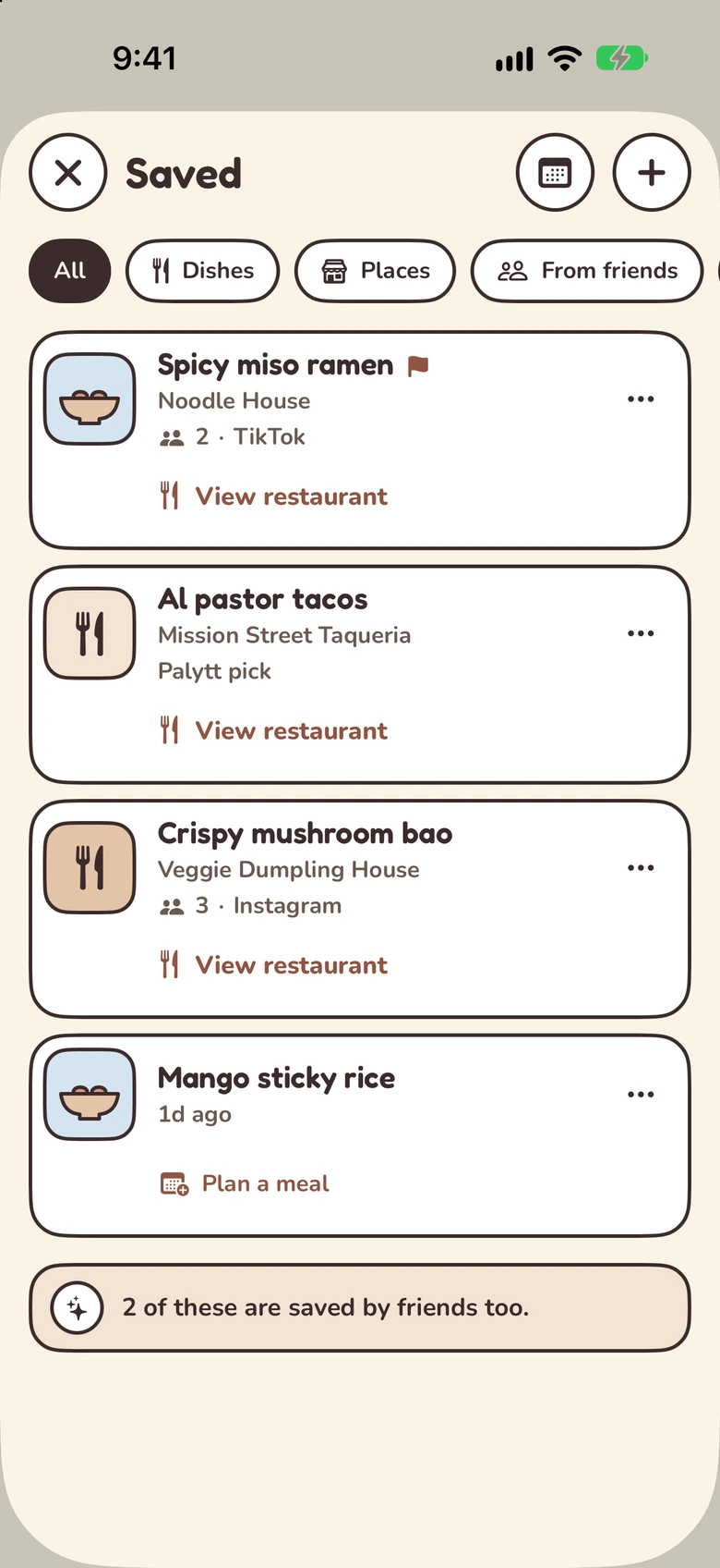 Saved dishes and places with restaurant links, source context and meal-planning shortcuts