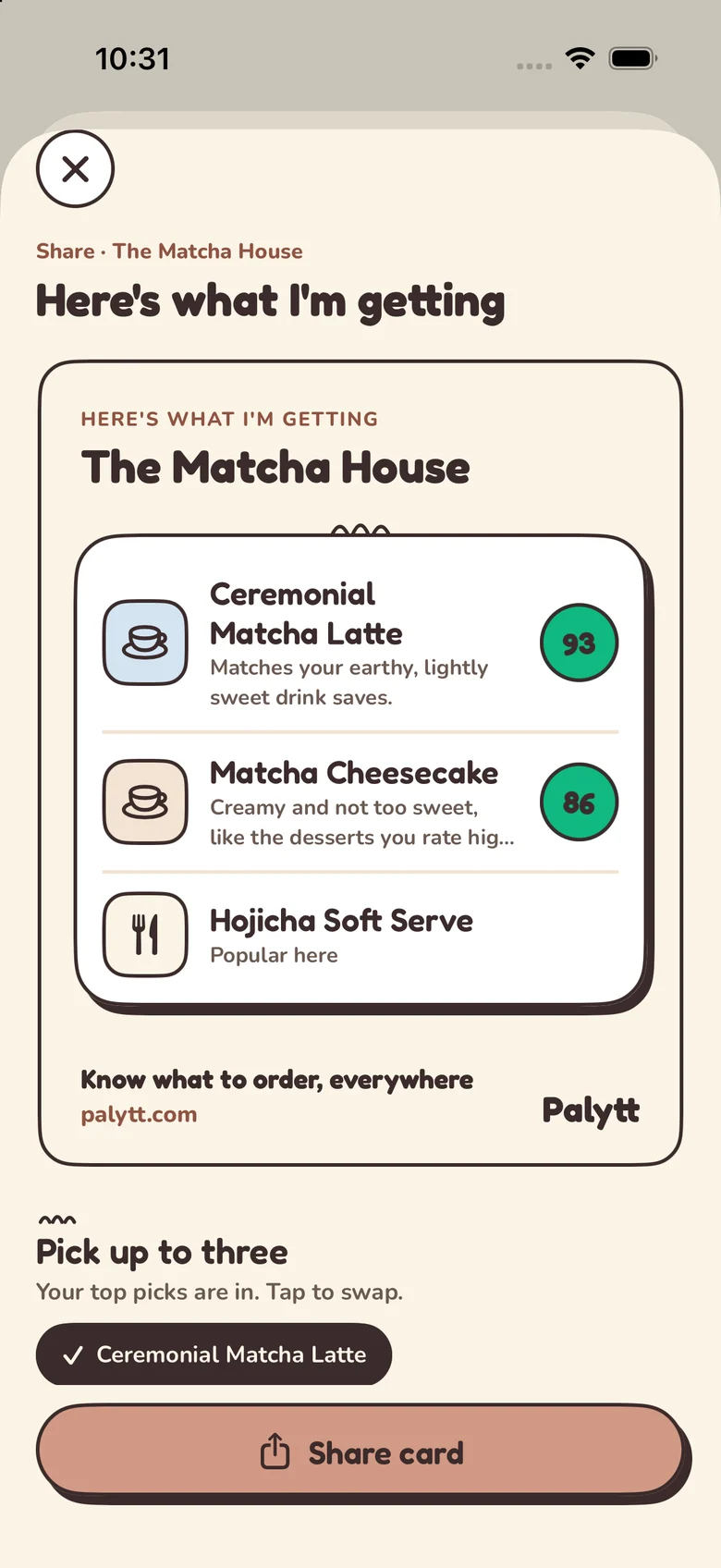 Palytt's shareable order card for The Matcha House, with three dishes and their match scores