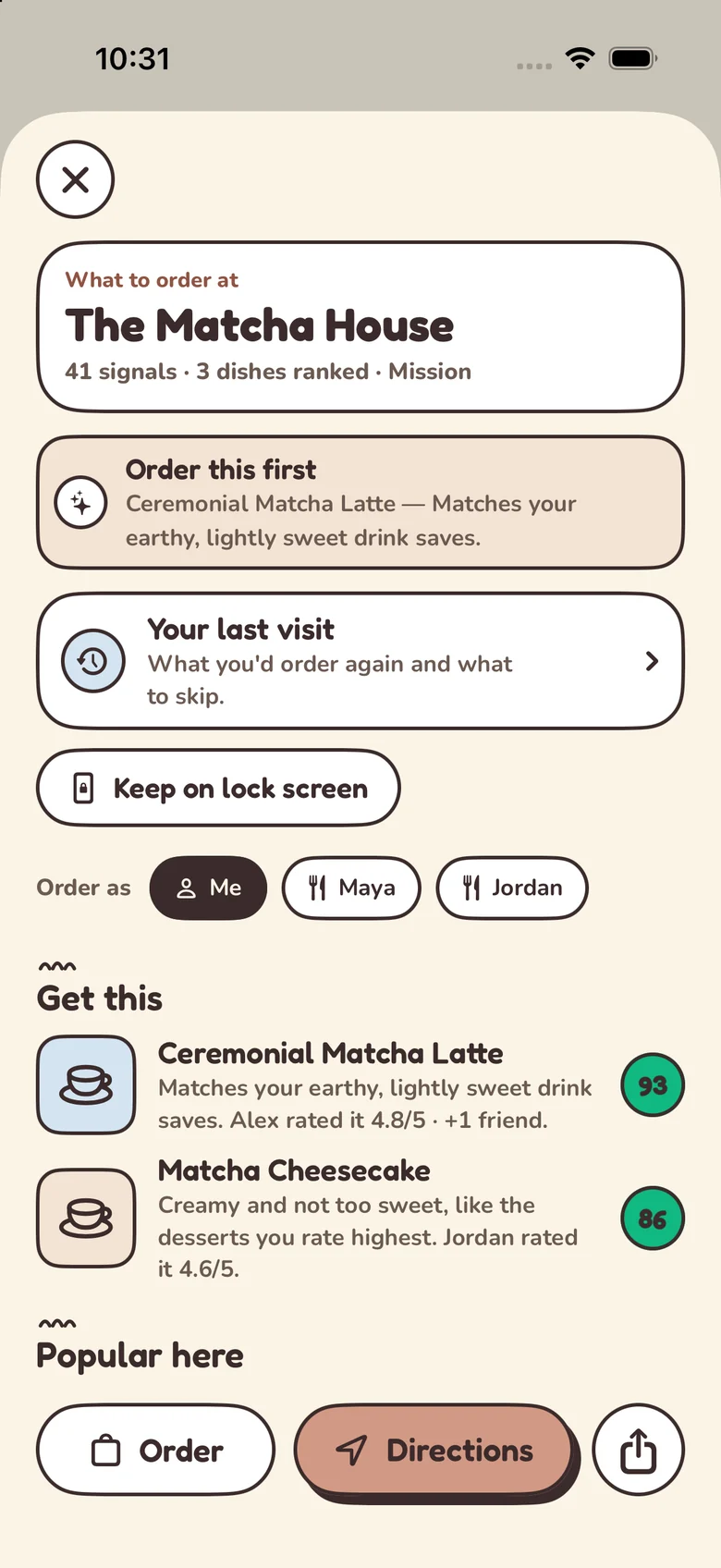 Palytt iPhone Order Guide showing dish recommendations
