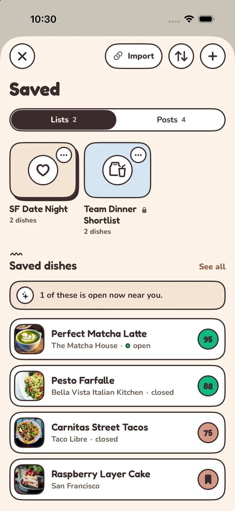 Saved dishes and places collected in Palytt lists
