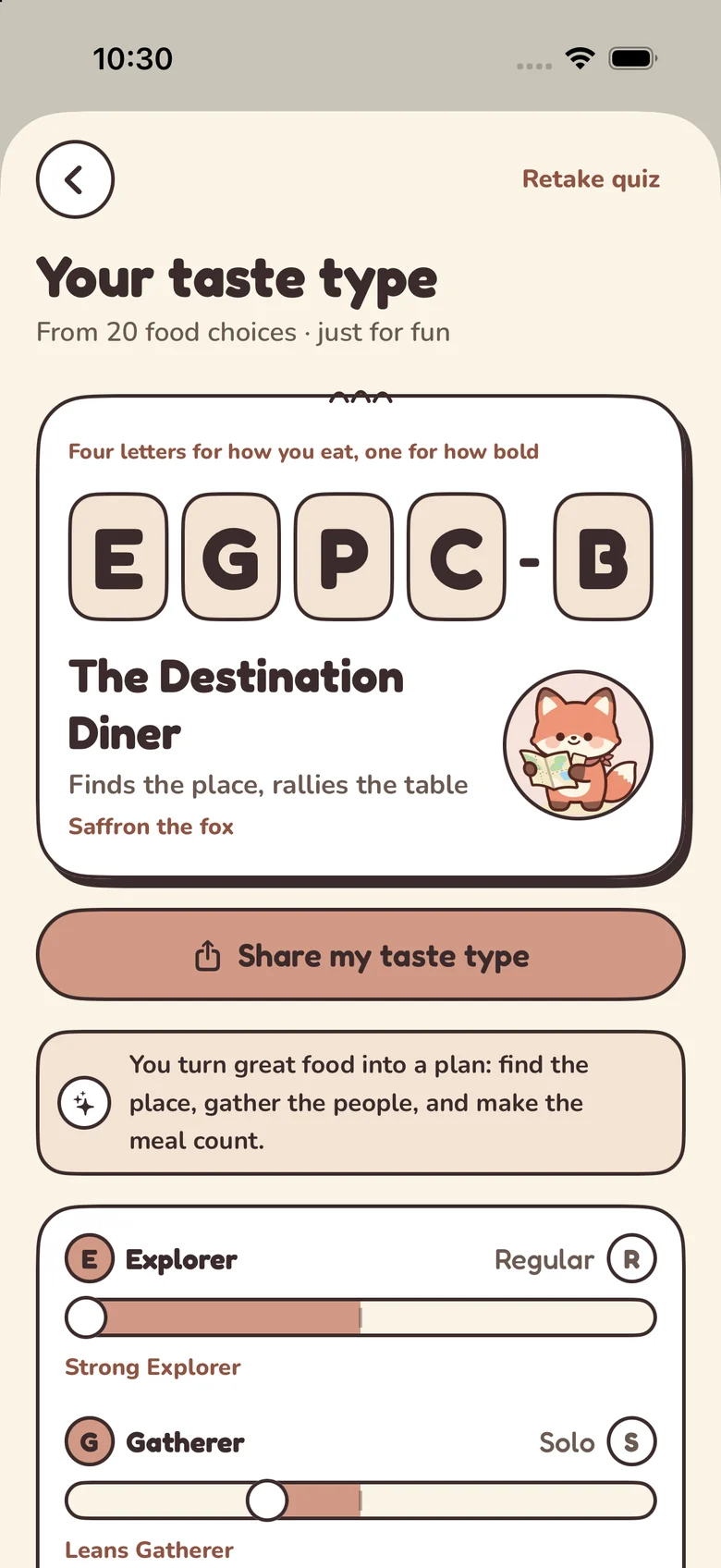 The Palytt taste type screen with food personality details