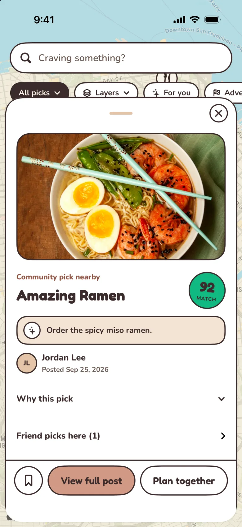 A community pick on the food map: Amazing Ramen at a 92 match with what to order