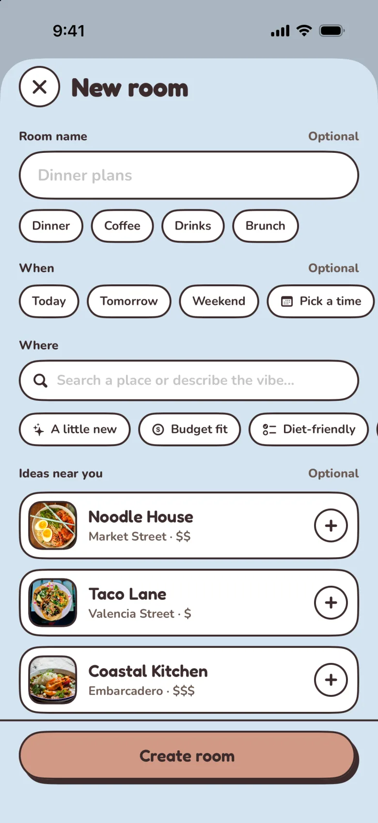 Starting a room: name it, pick a day, and add ideas near you