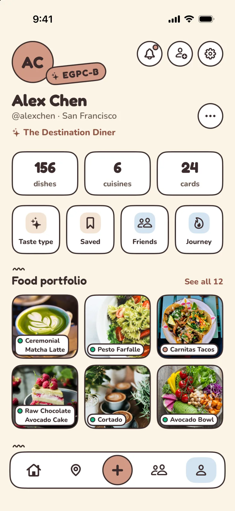 A Palytt profile with a taste type sticker, stats and a food portfolio of photos