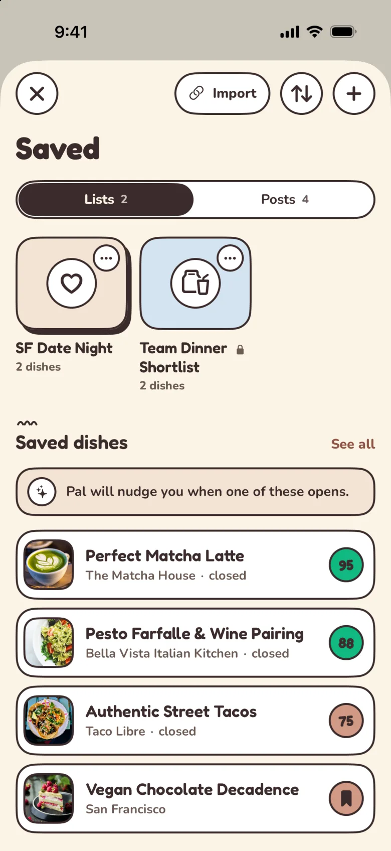 Saved dishes, each with a round match badge: 95, 88 and 75