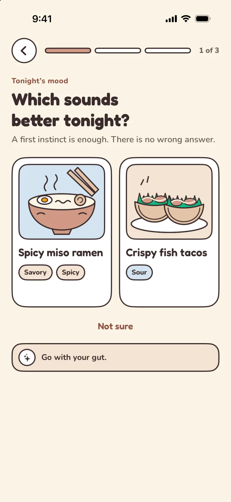 The Palytt taste sprint: question 1 of 3 asks which sounds better tonight, spicy miso ramen or crispy fish tacos