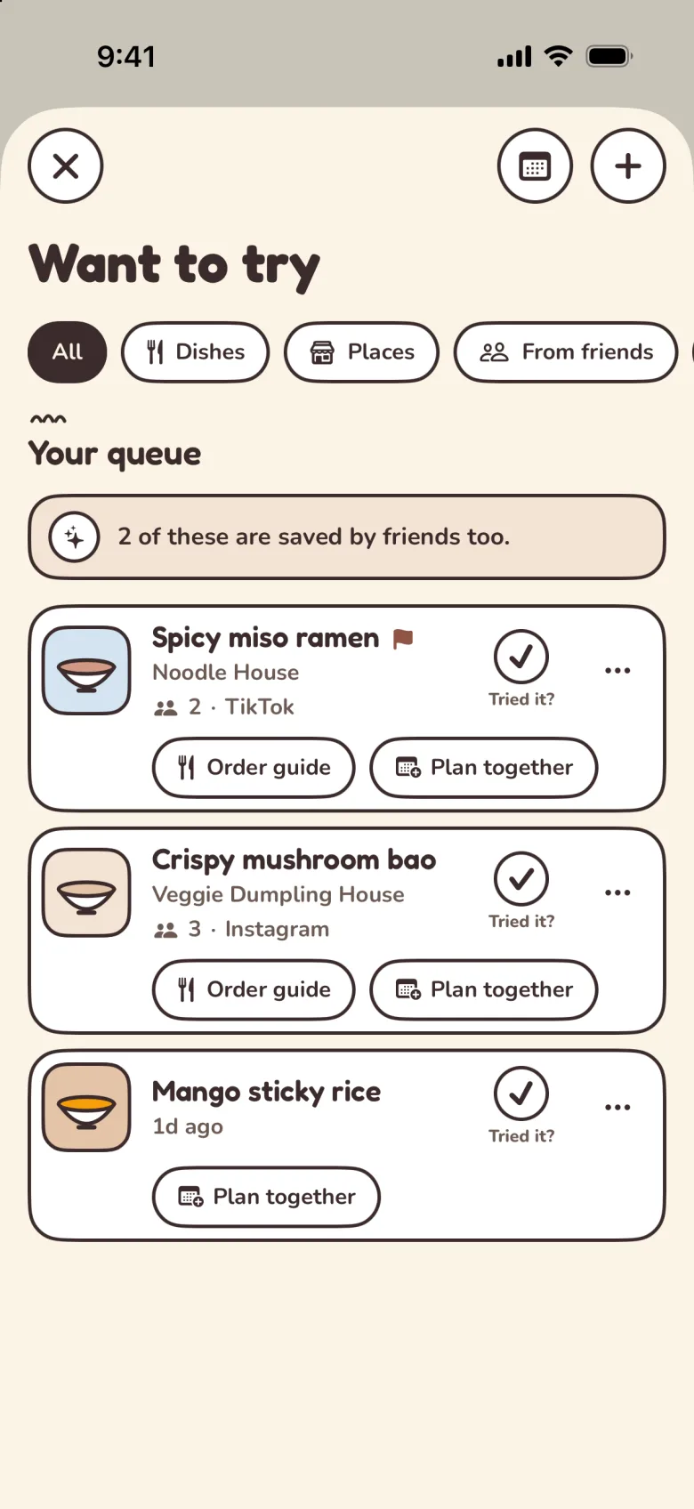 A want-to-try queue of dishes with order guide and plan together shortcuts