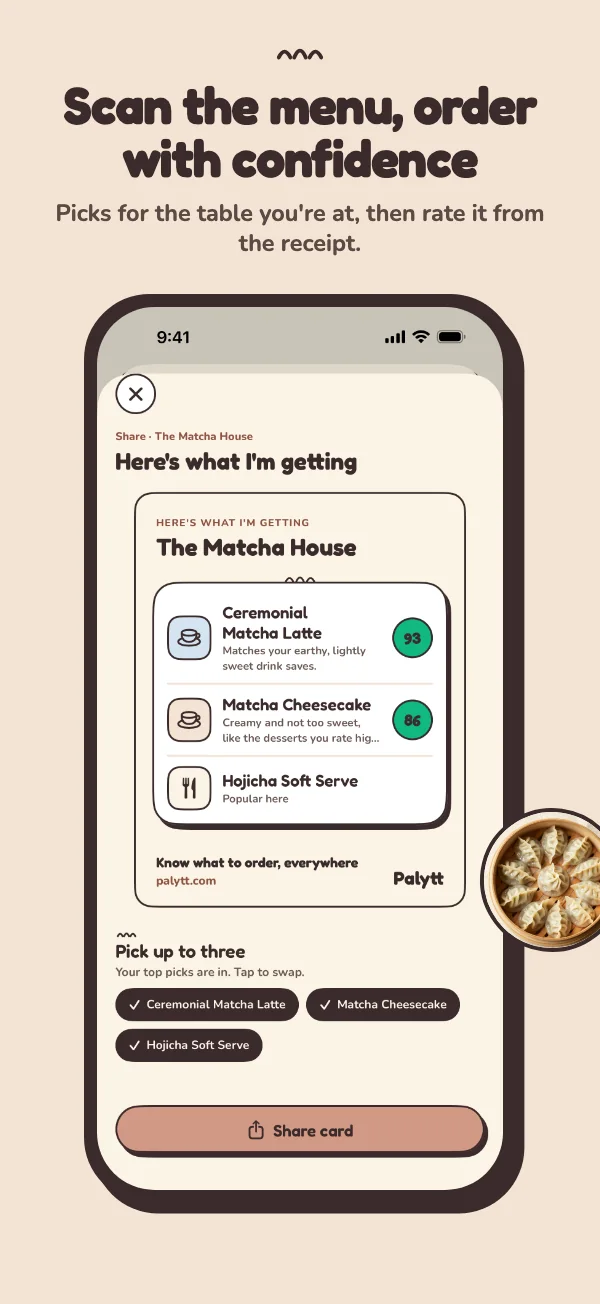 Sample iPhone order card with three dishes chosen at a restaurant