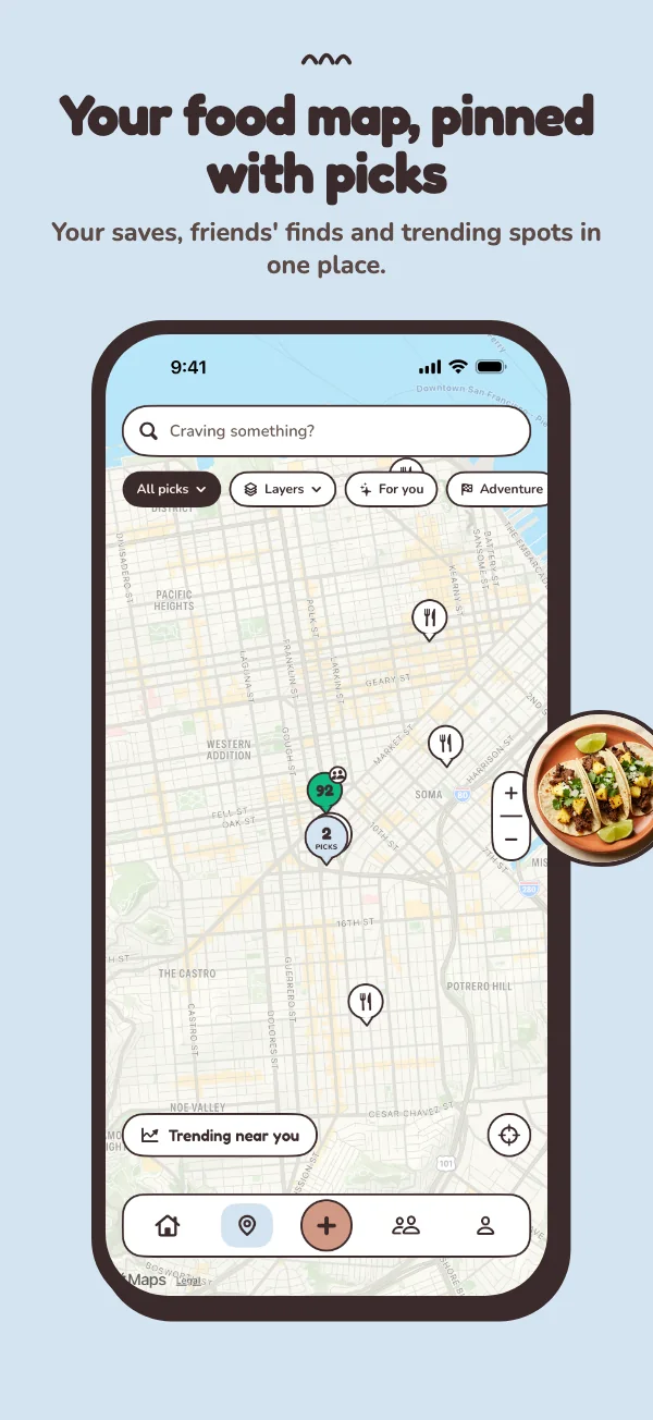 Your food map, pinned with picks: saves, friends’ finds and trending spots in one place