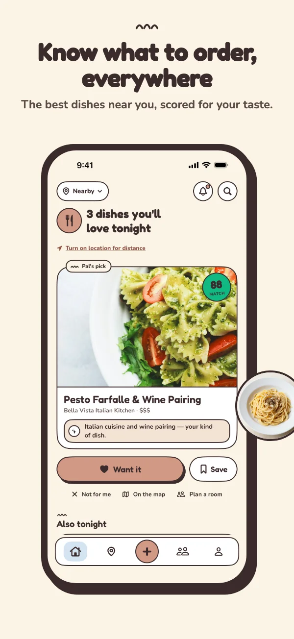 Palytt Home recommends three dishes for tonight, led by pesto farfalle with an 88 match score