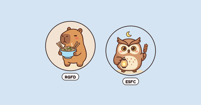 Illustrated Palytt pal characters Mochi the capybara with a big bowl of noodles and Nori the owl with a paper lantern and a street food skewer