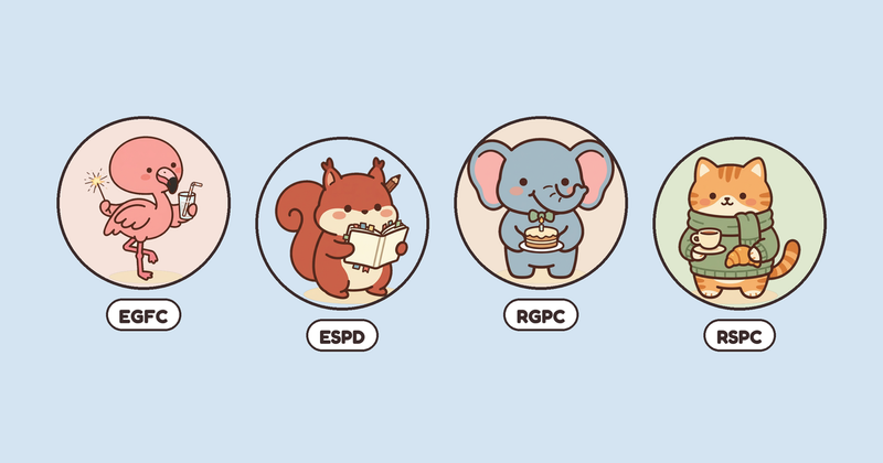 Illustrated Palytt pal characters: Sorbet the flamingo, Hazel the squirrel, Maple the elephant and Earl the cat