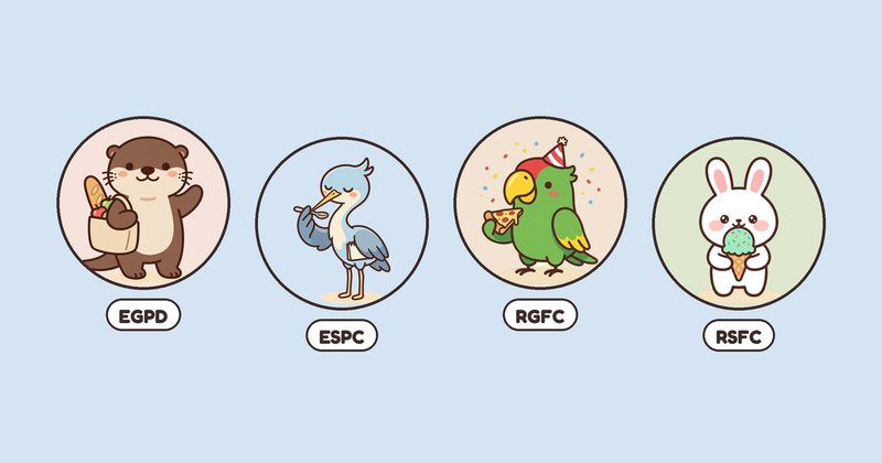 Illustrated Palytt pal characters: Miso the otter, Yuzu the heron, Churro the parrot and Sprinkle the bunny